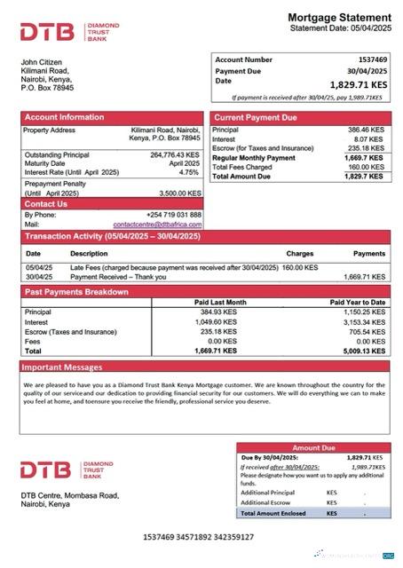 Download Kenya Diamond Trust Bank Kenya mortgage statement Word and PDF template Photoshop template